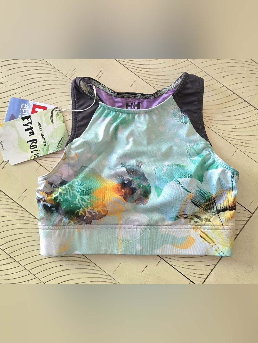 Helly Hansen Womens Seafoam Green Multicolor Ocean Print Bathing Suit Top